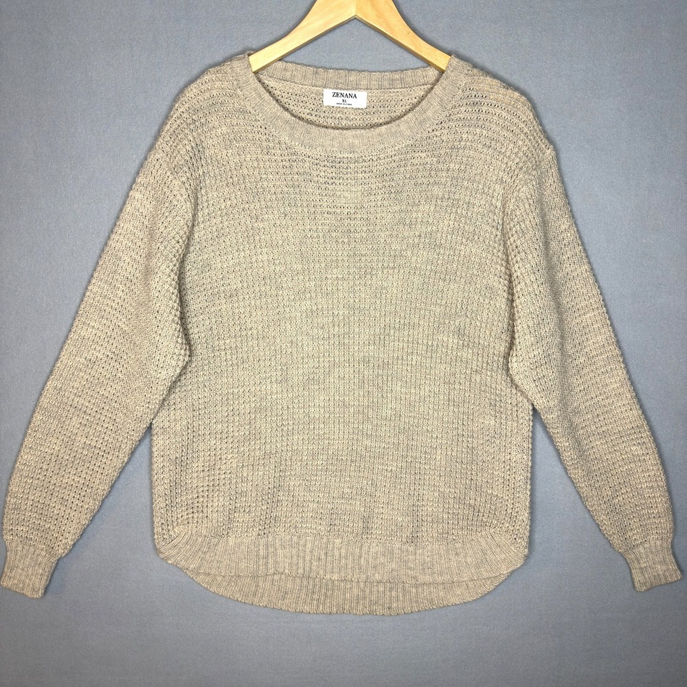 Zenana Women's Waffle Sweater Long Sleeves  Knit‎ Pullover Beige/Tan XL Flawless